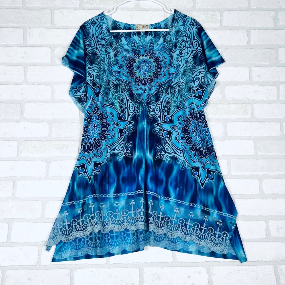 Live and Let Live Blue Tie Dye Mandala Crochet Lace Handkerchief Hem Tunic XXL